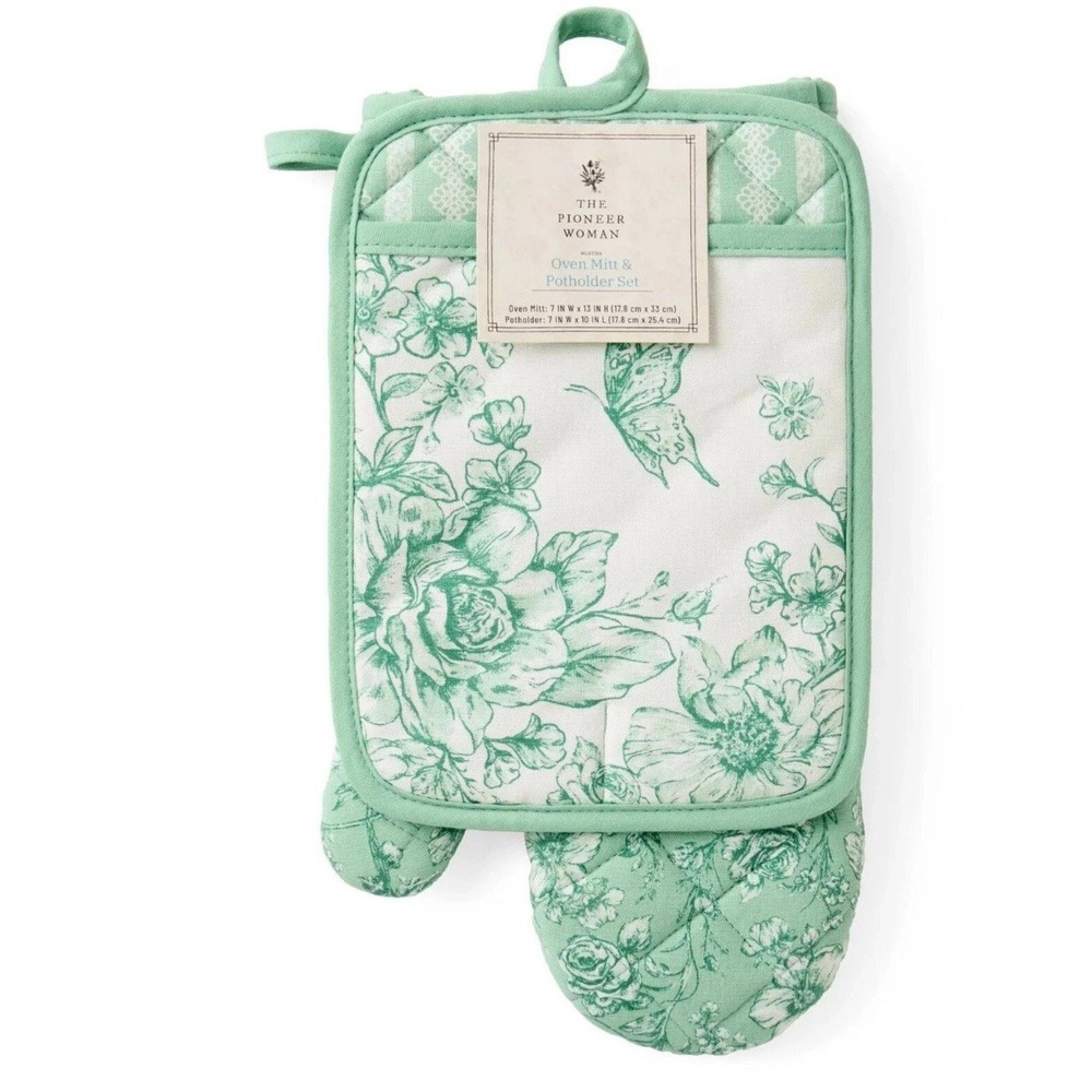 Pioneer Woman Agatha Oven Mitt Pot Holder 2pc Floral Green White Kitchen Gift